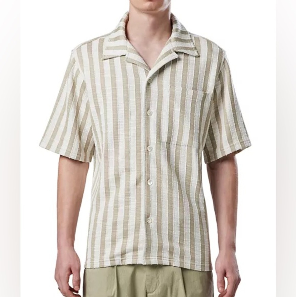 NN07 NWT No Nationality Men's Casual Striped Button Down Shirt - Beige and White